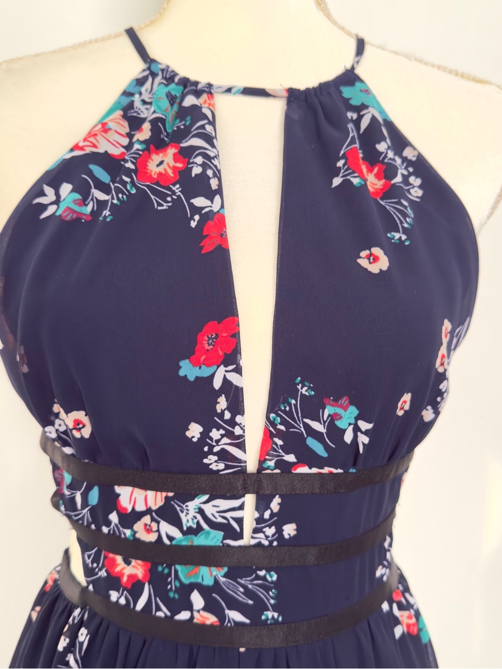 Express Floral Halter MaxiDress NavyBlue Caged Waist Cut Out Sexy Festival Small - Picture 2 of 9